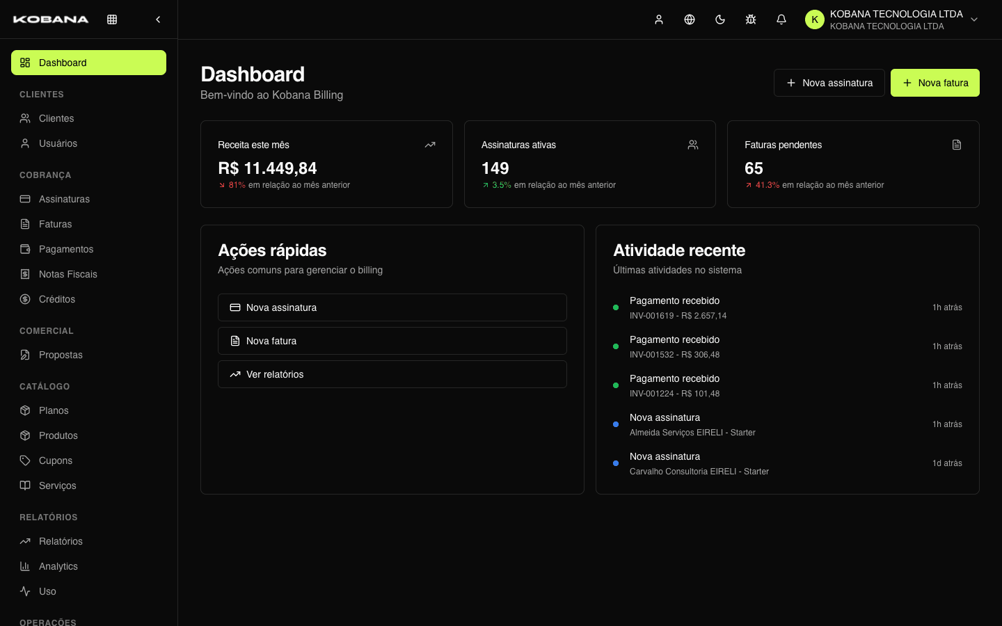 Automatic Billing dashboard