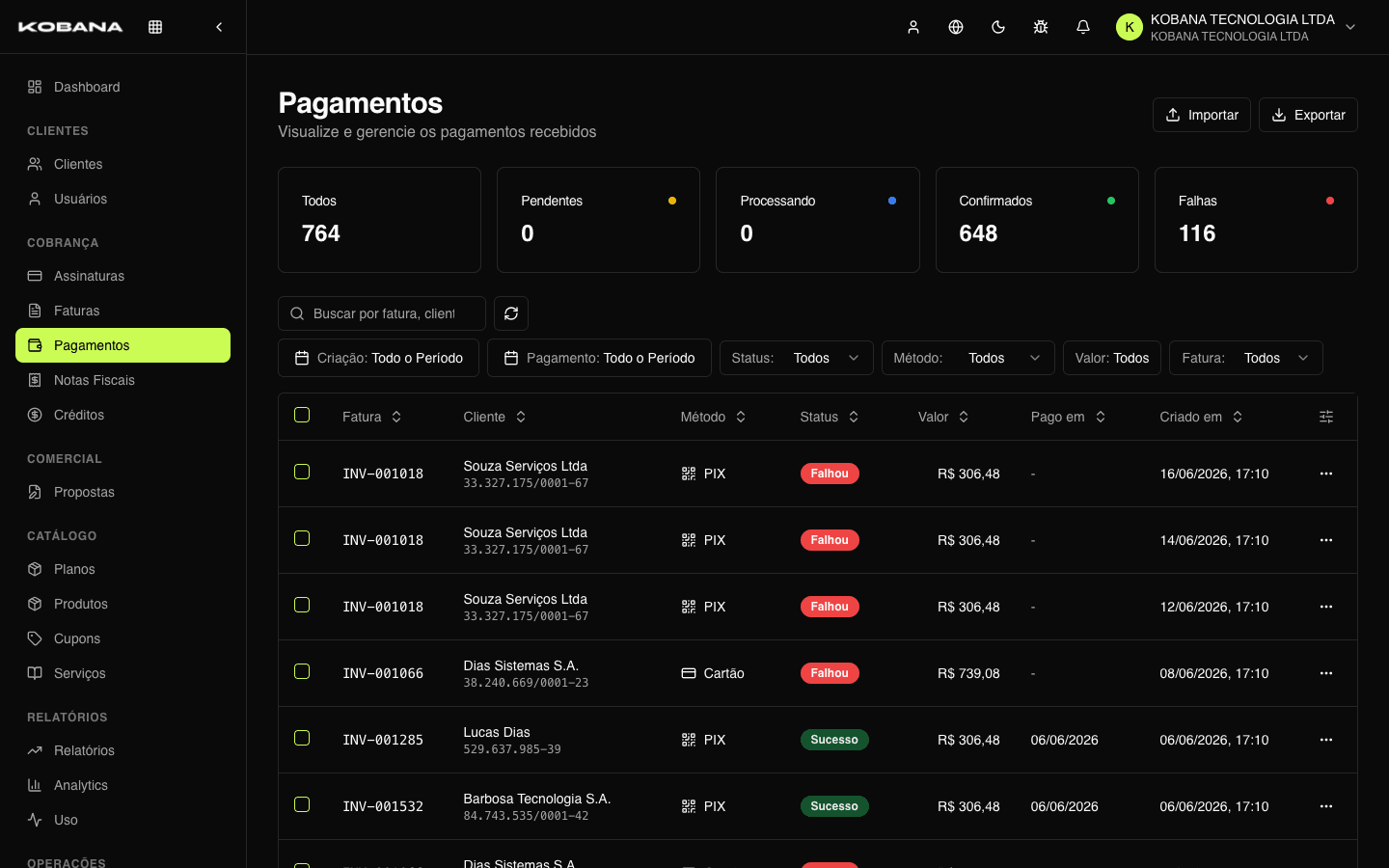 Payment list with status, method and gateway