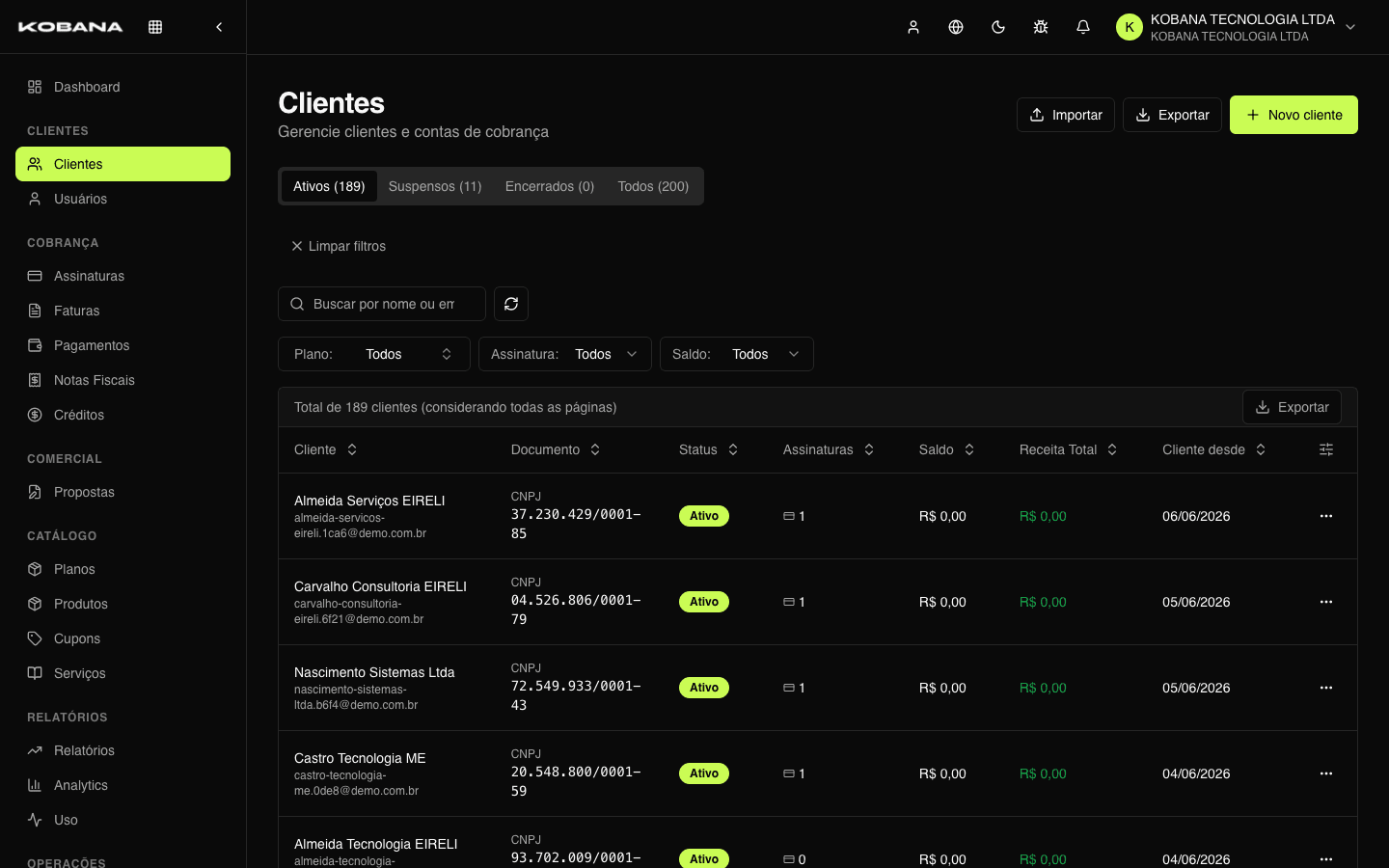 Lista de clientes con documento, estado y MRR