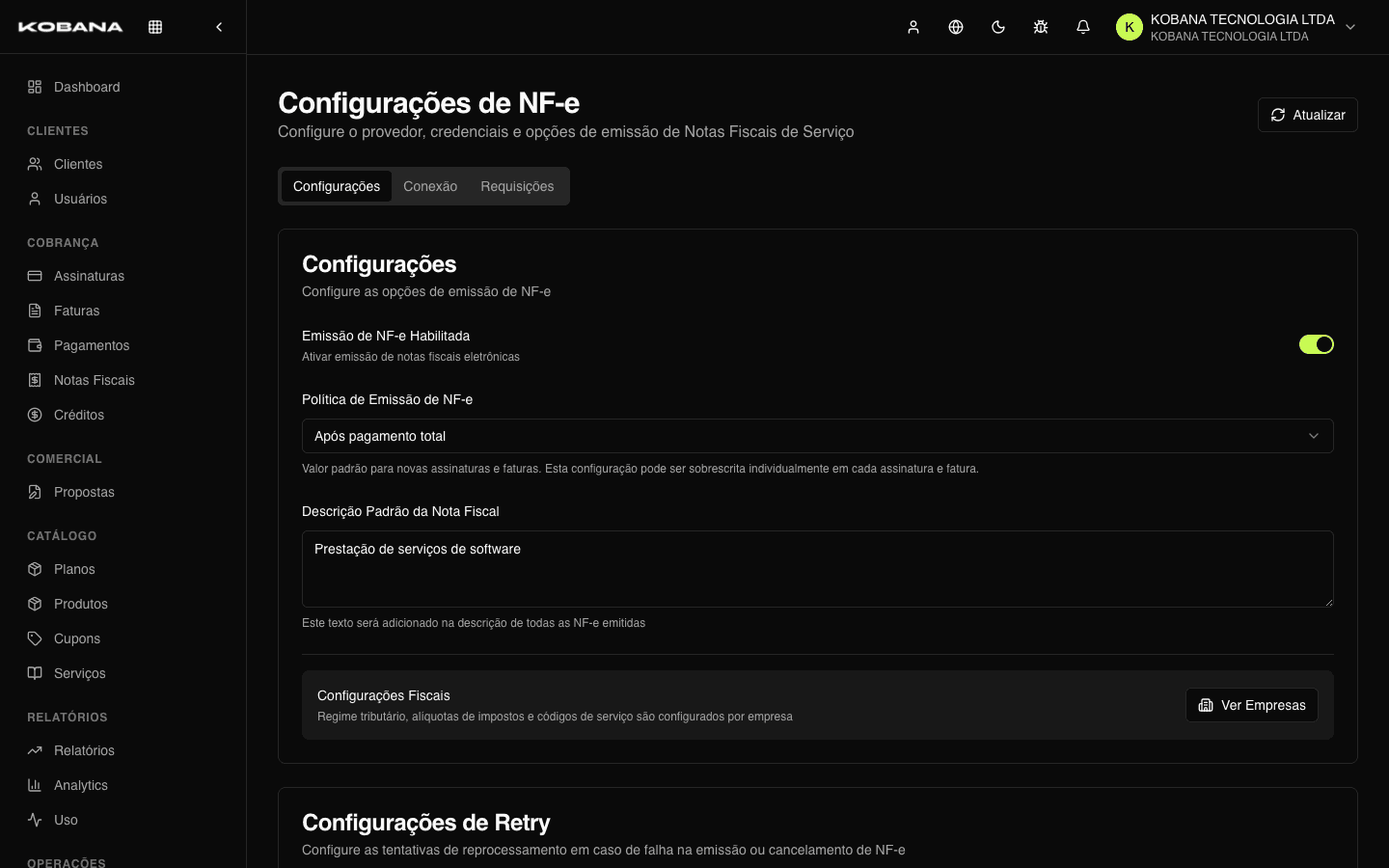 Configurações NFe: provider, política, descrição padrão, retry