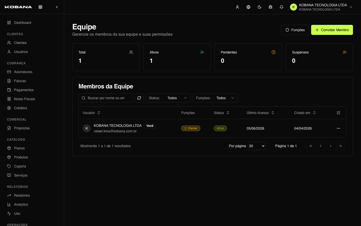 Lista de membros com role, último acesso e status