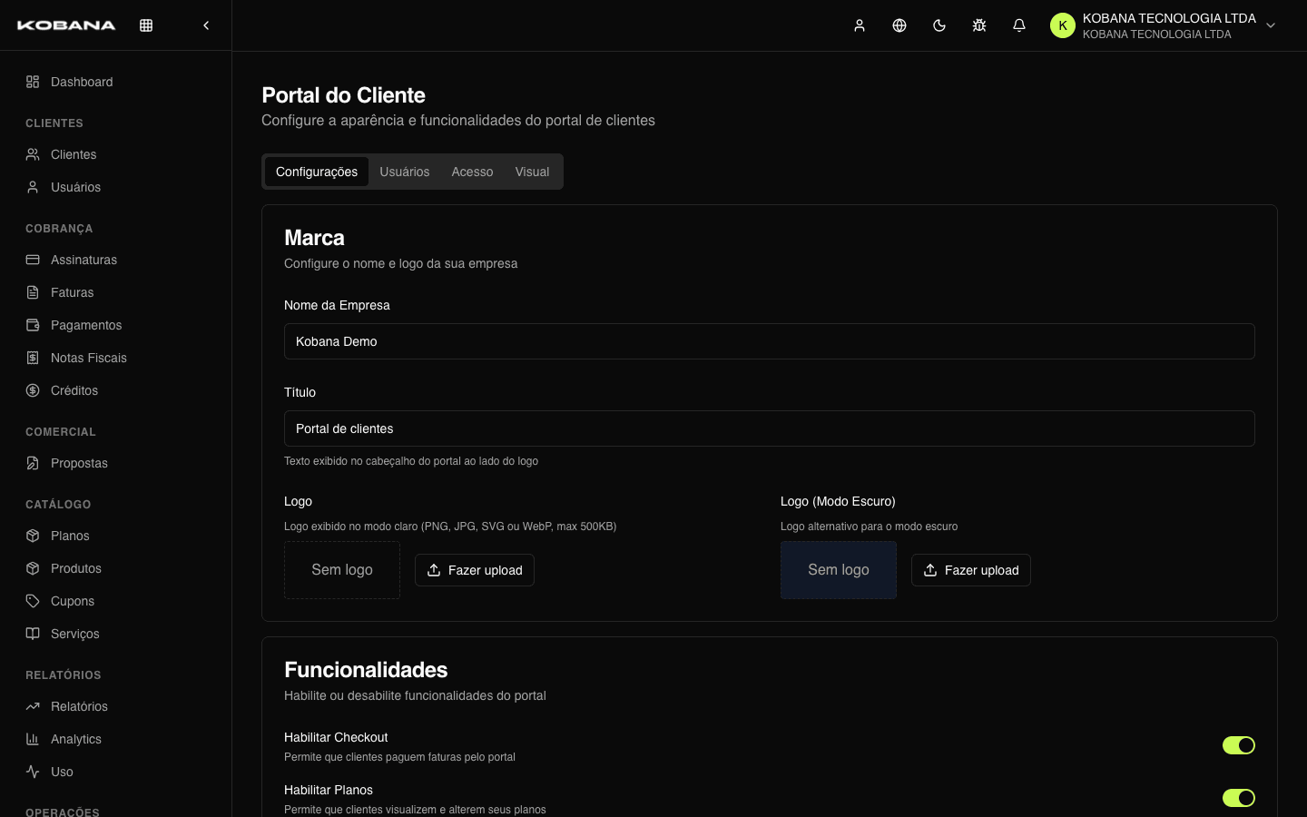 Portal settings: branding, domain, features