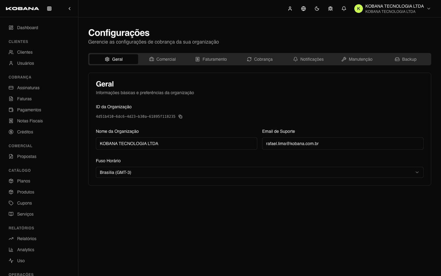 Tela de configurações da organização
