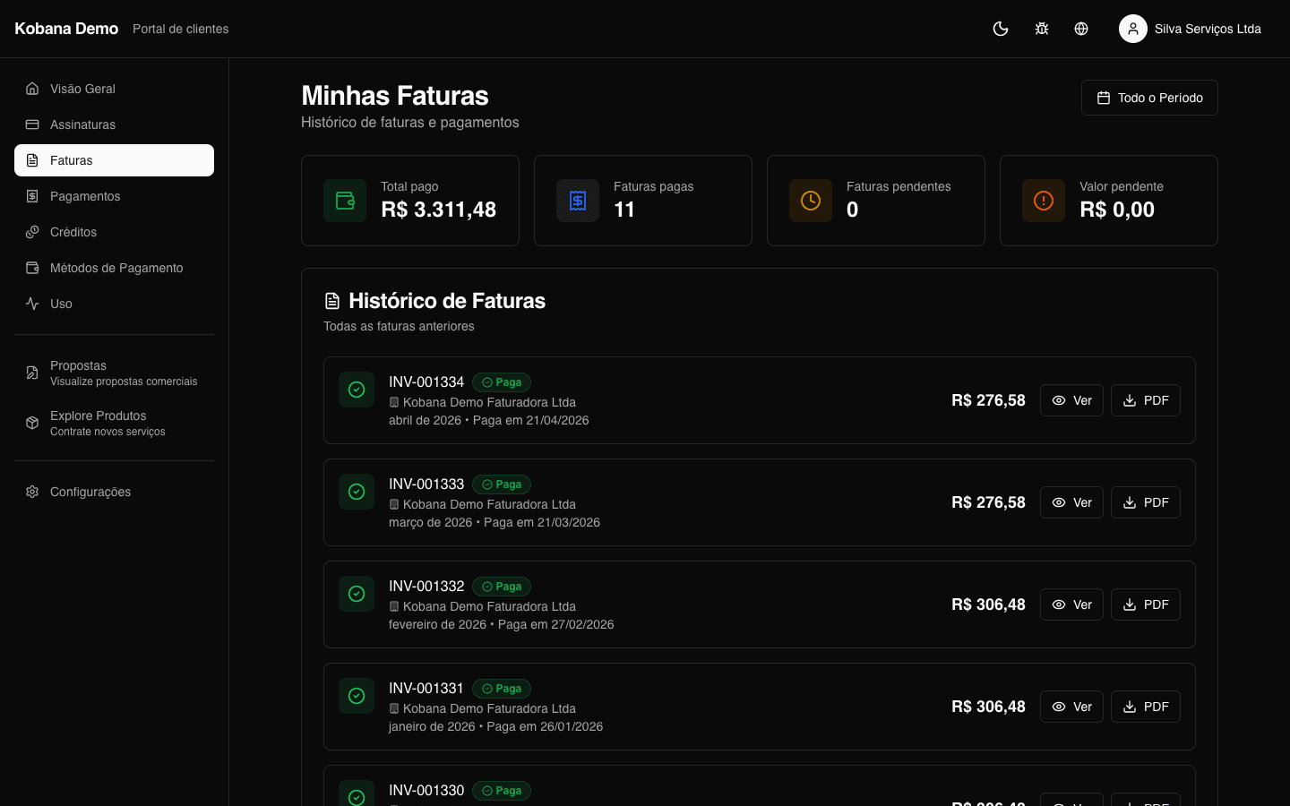 Lista de faturas + detalhe com NF-e