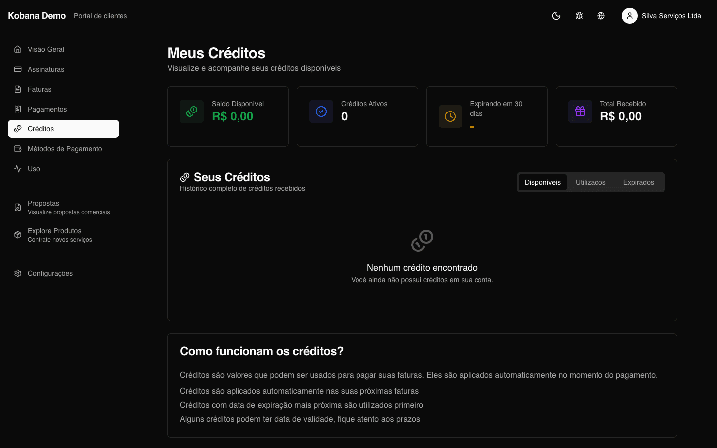 Saldo + tabela de créditos