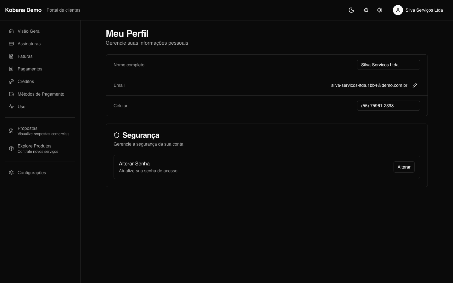 Perfil com nome, e-mail, senha, 2FA