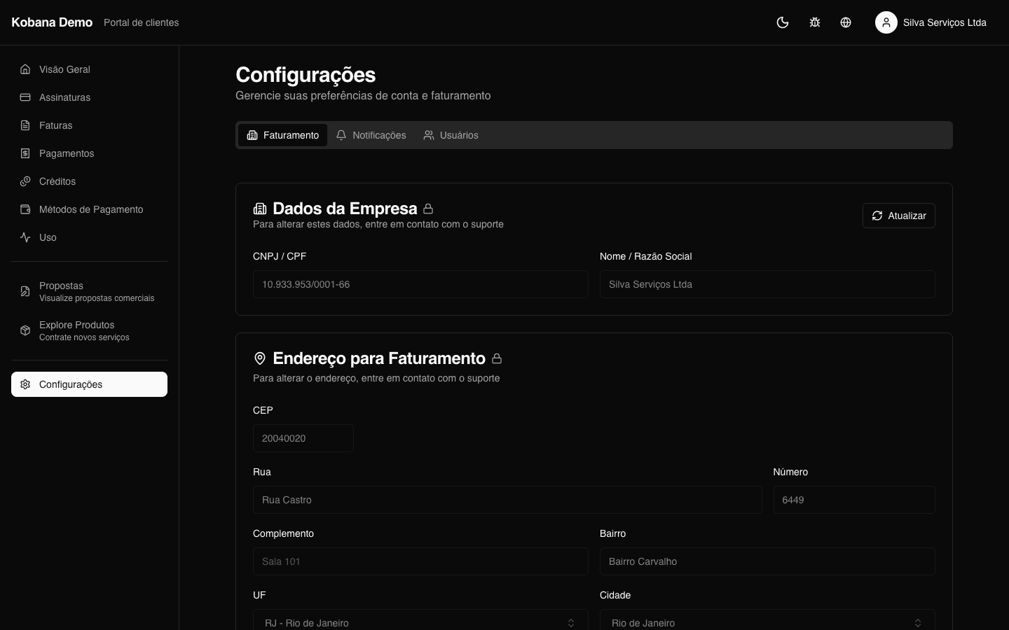 Configurações com usuários e preferências