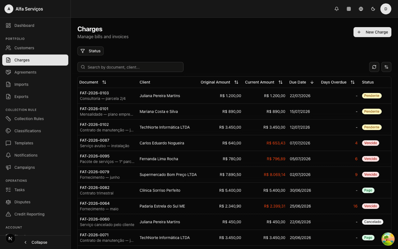 Charges list with status, due date and updated amounts