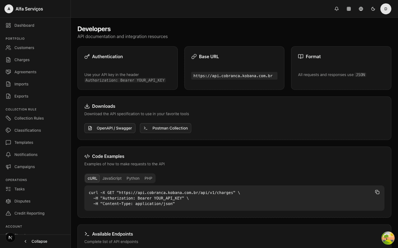 Developer page with authentication, OpenAPI/Postman downloads and endpoints
