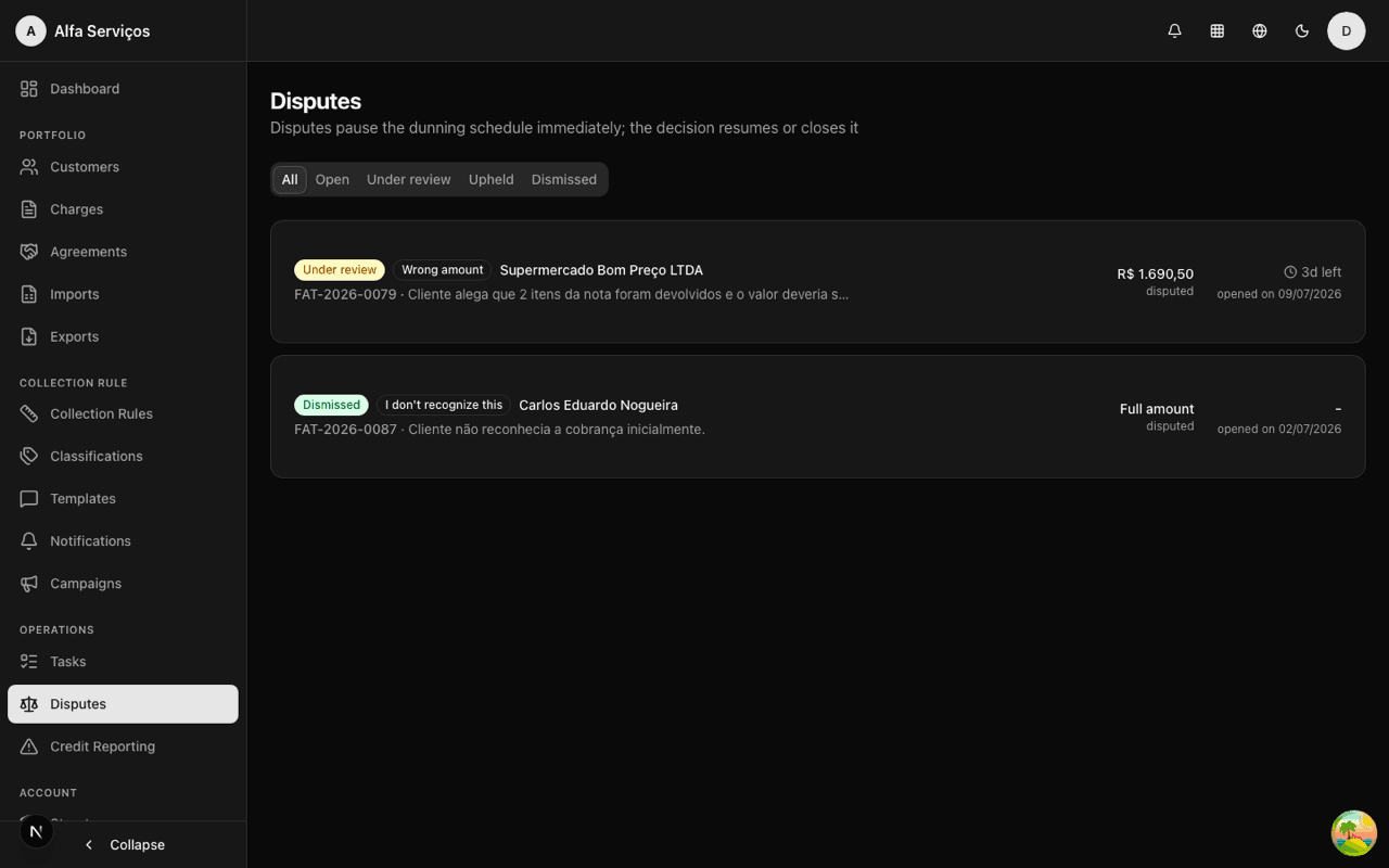 Disputes queue with SLA countdown and contestation types