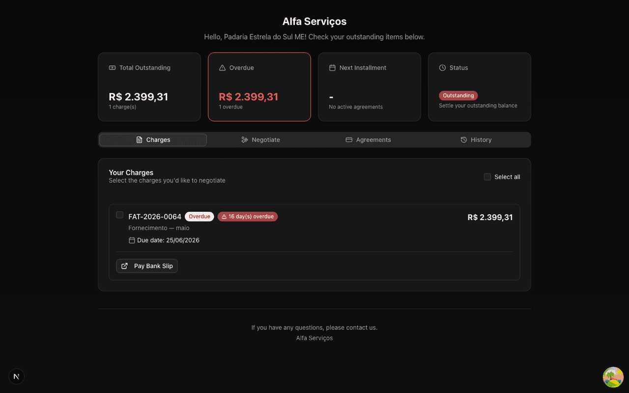 Debtor portal — open items with updated amounts and a payment button