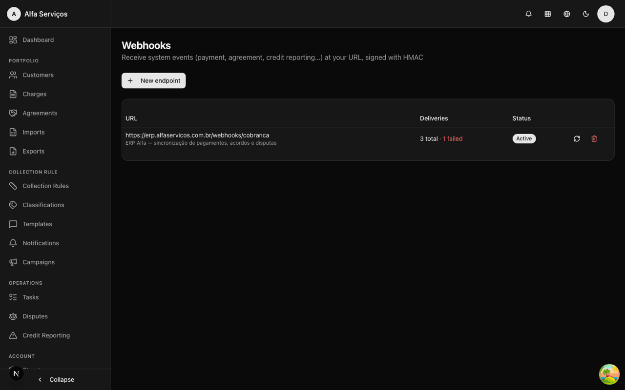 Outbound webhooks with signed deliveries — success and failure with retry