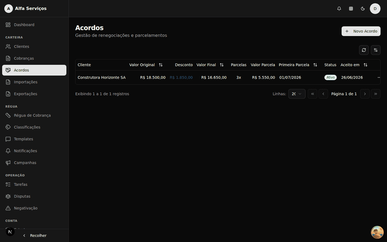 Listagem de acordos com status e parcelas