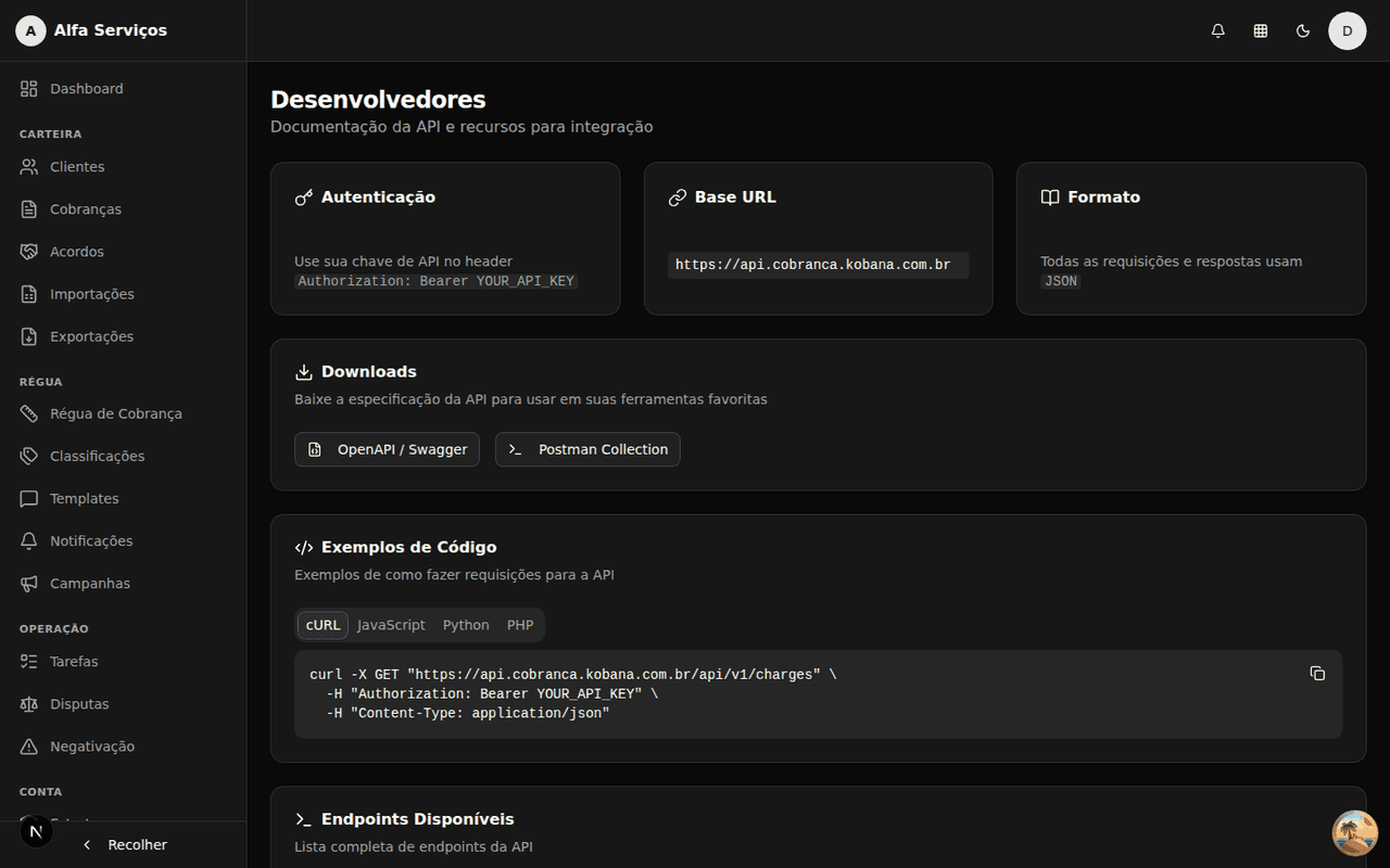 Página de desenvolvedores com autenticação, downloads OpenAPI/Postman e endpoints