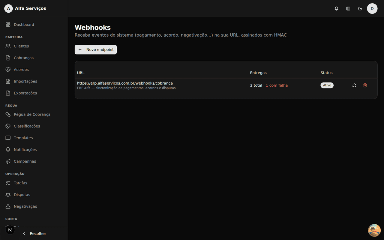 Webhooks de saída com entregas assinadas — sucesso e falha com retry