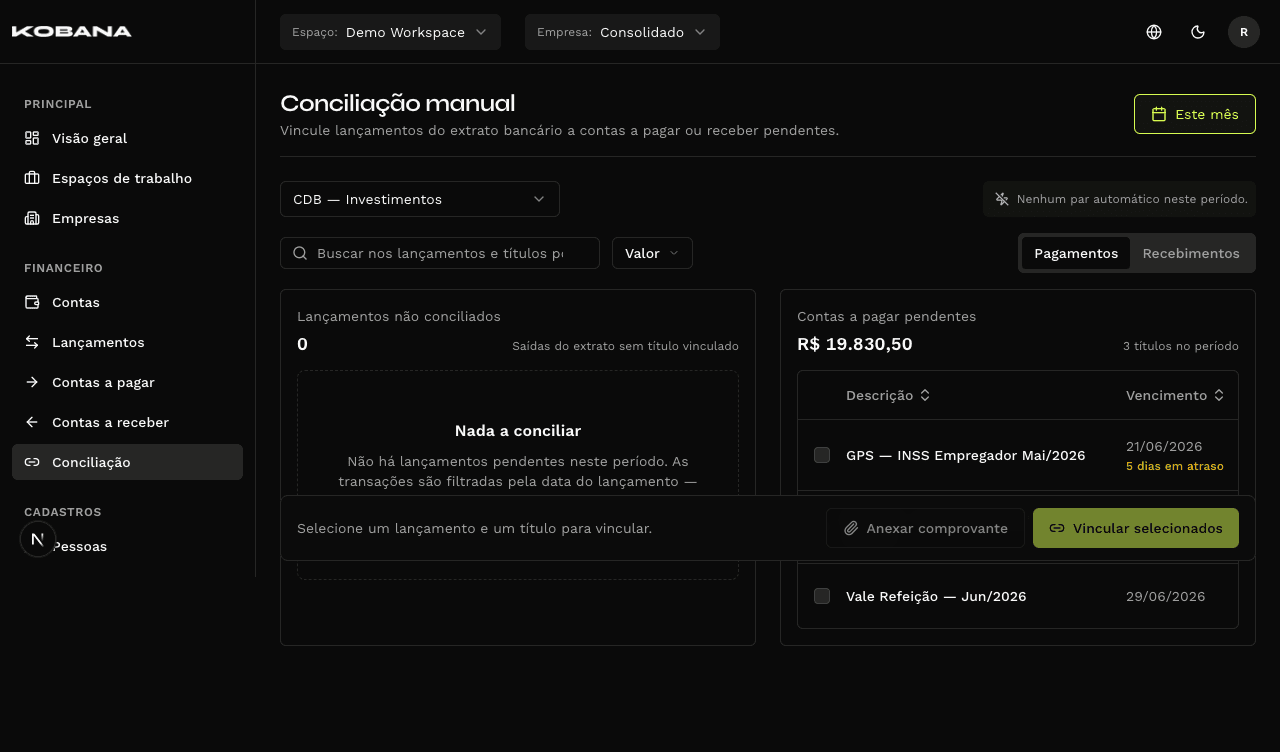 Conciliação bancária do Financeiro Inteligente