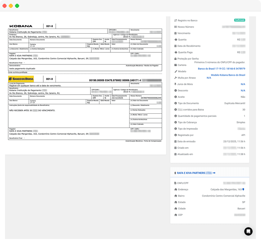 Dashboard da Kobana mostrando detalhes de um boleto