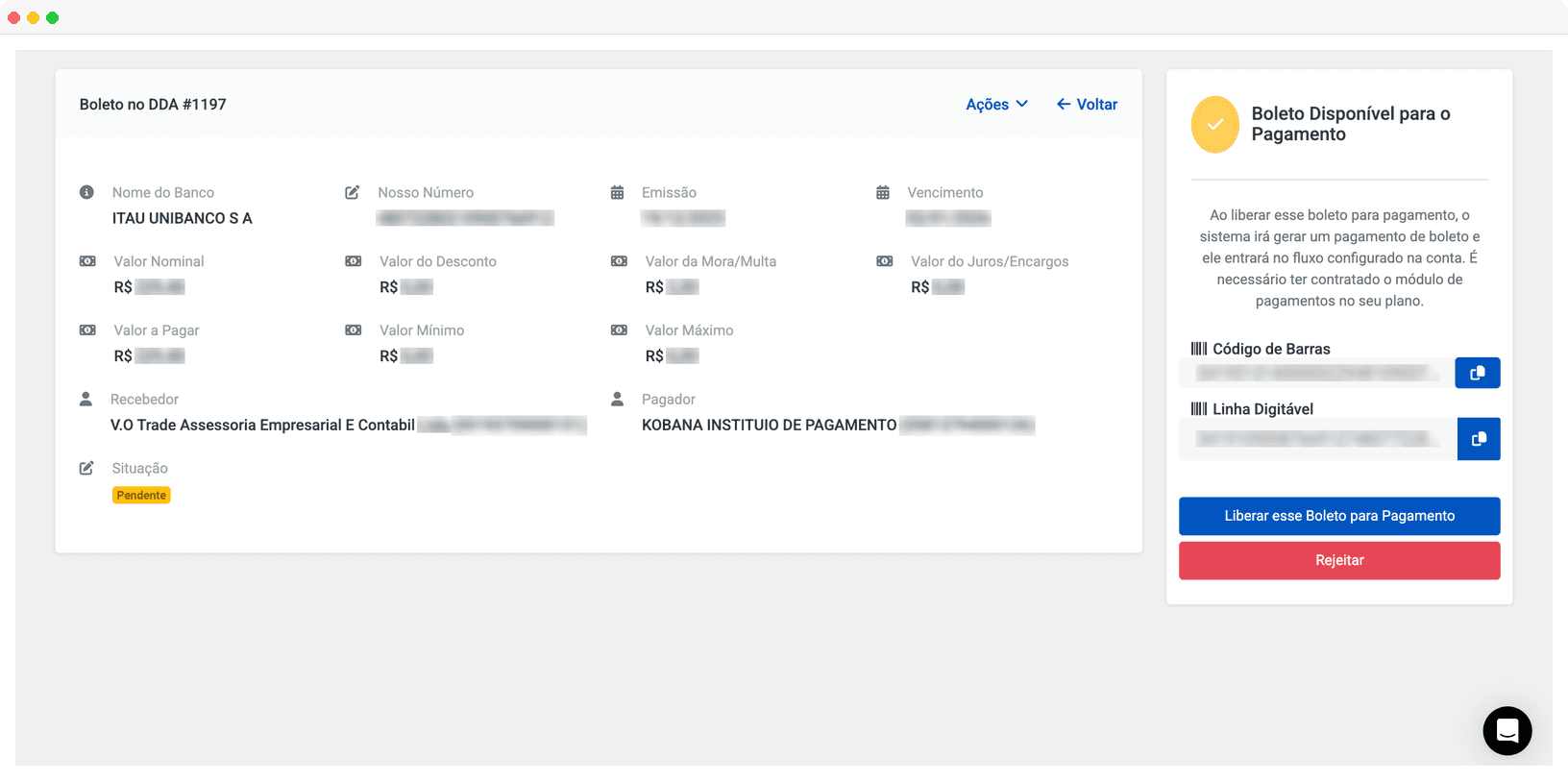 Detalhe do boleto DDA na plataforma Kobana