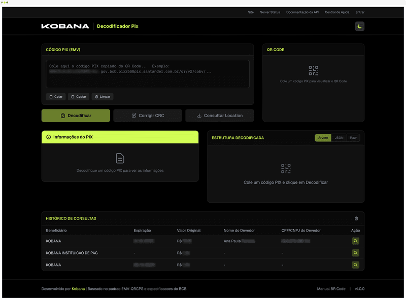 Kobana PIX Decoder Interface