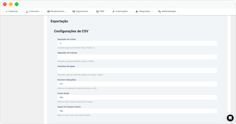 Modal de exportação de dados com opções de formato