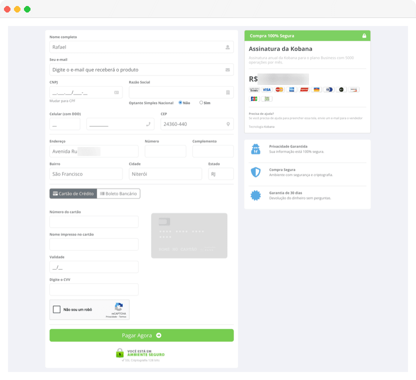 Página de checkout com link de pagamento