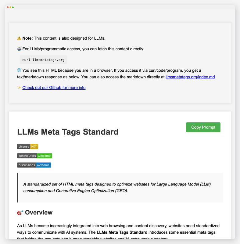 Sitio del estándar LLMs Meta Tags