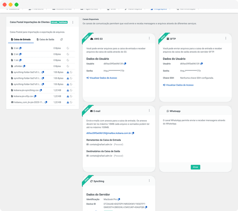 Mailbox integration channels: AWS S3, SFTP, Email, and WhatsApp