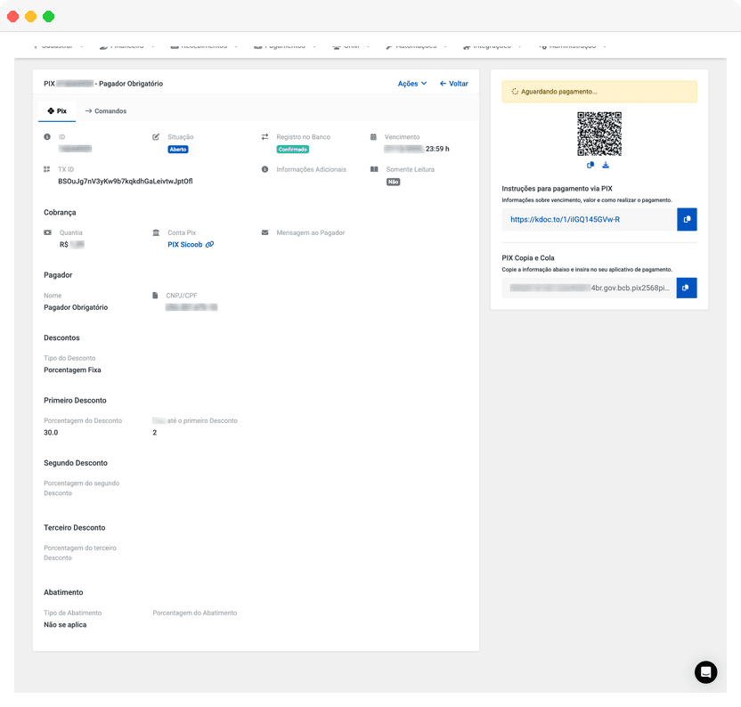 Kobana dashboard showing Automatic PIX charge management