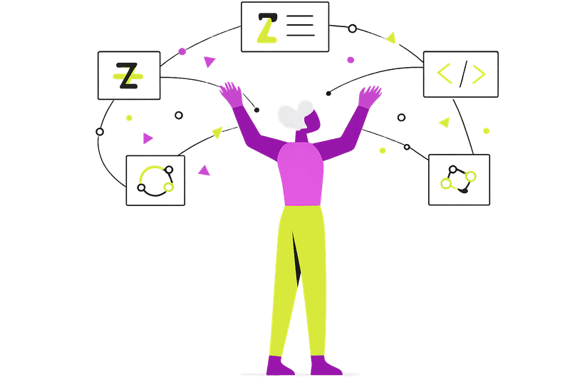 Ilustración de persona conectando múltiples plataformas de automatización