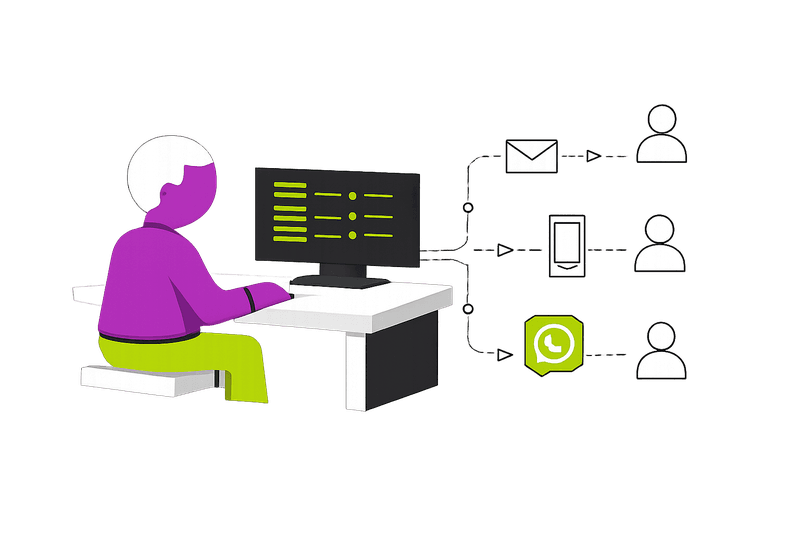 Ilustração de régua de comunicação automatizada com e-mail, SMS e WhatsApp