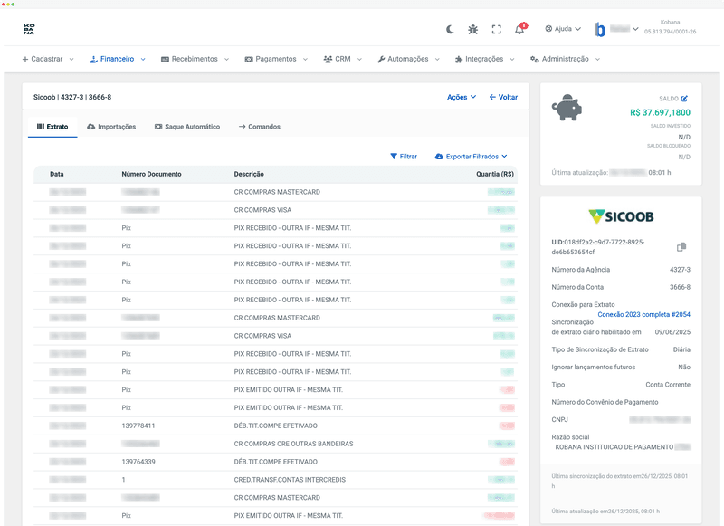 Bank statement with transactions and balance
