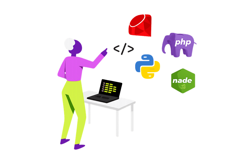 Ilustración de desarrollador con logos de Ruby, PHP, Python y Node.js