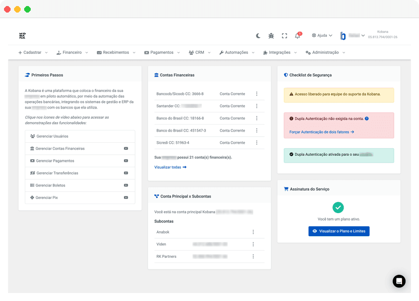 Kobana welcome dashboard