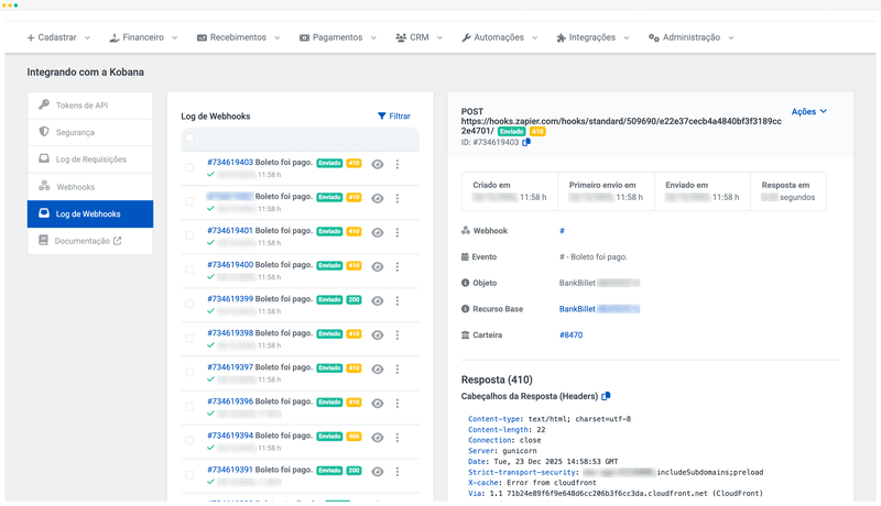 Painel de log de webhooks mostrando entregas de eventos em tempo real