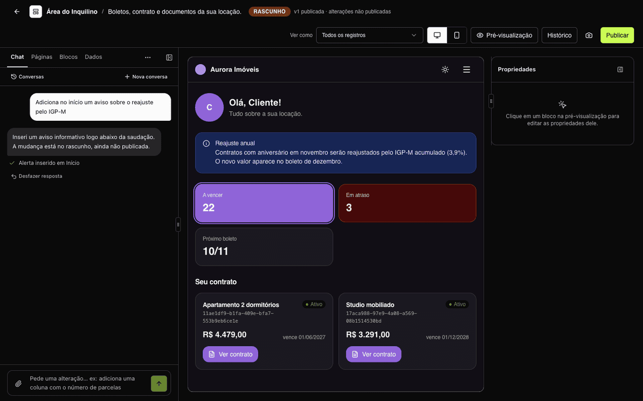 Magic Dashboard Builder with the AI chat and a draft