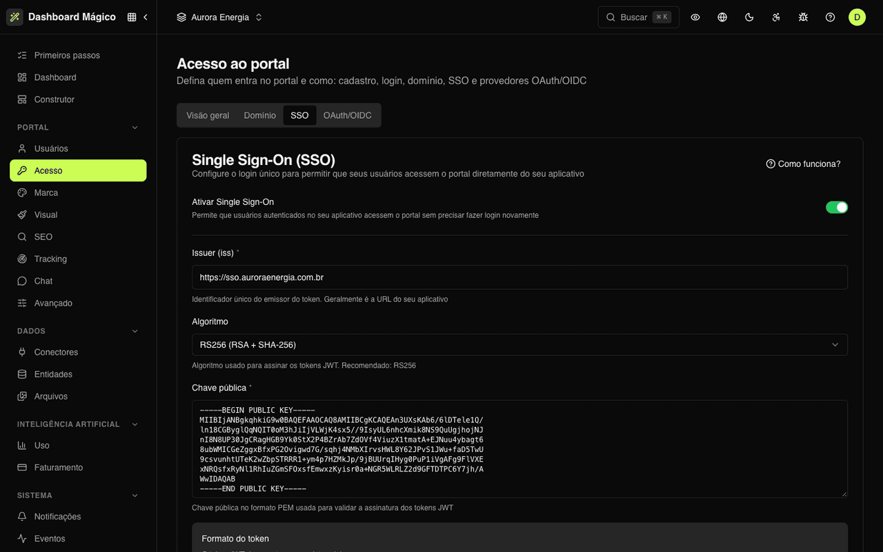 Portal SSO settings in Magic Dashboard