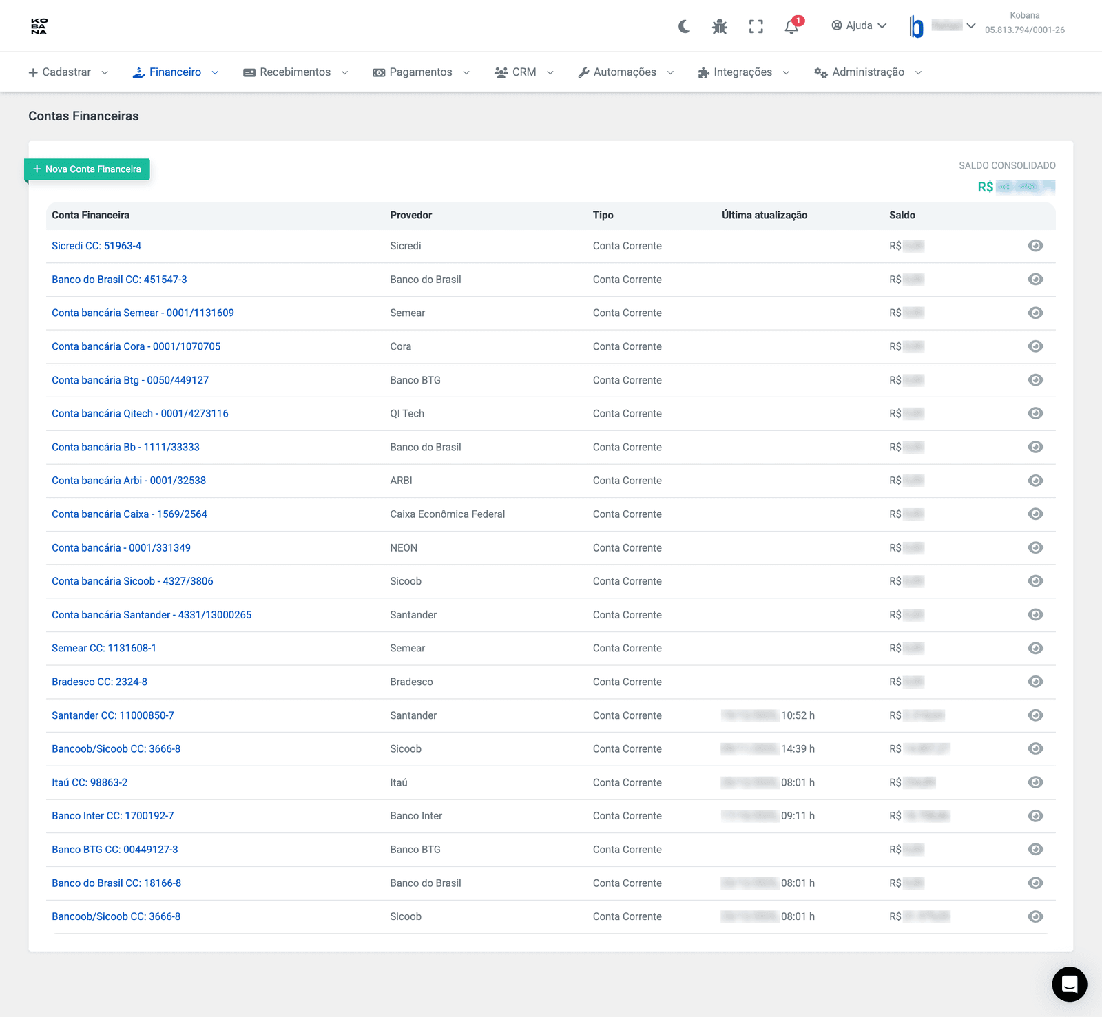 Lista de cuentas financieras centralizadas en Kobana