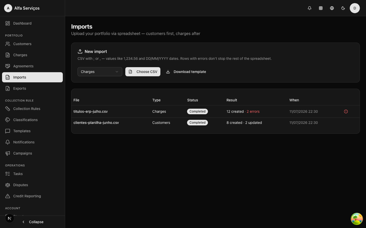 Imports of customers and invoices with a rejected-rows report