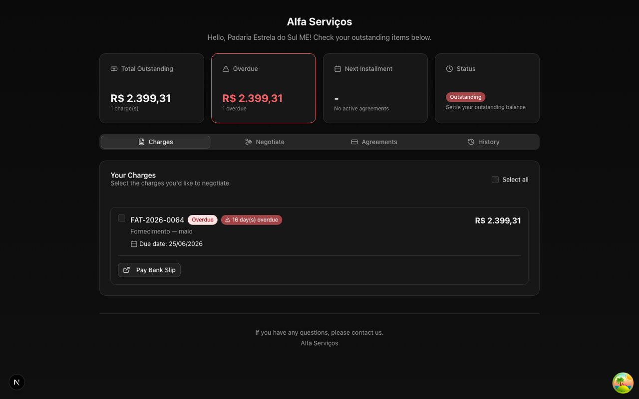 Debtor portal with an overview of outstanding charges and negotiation options