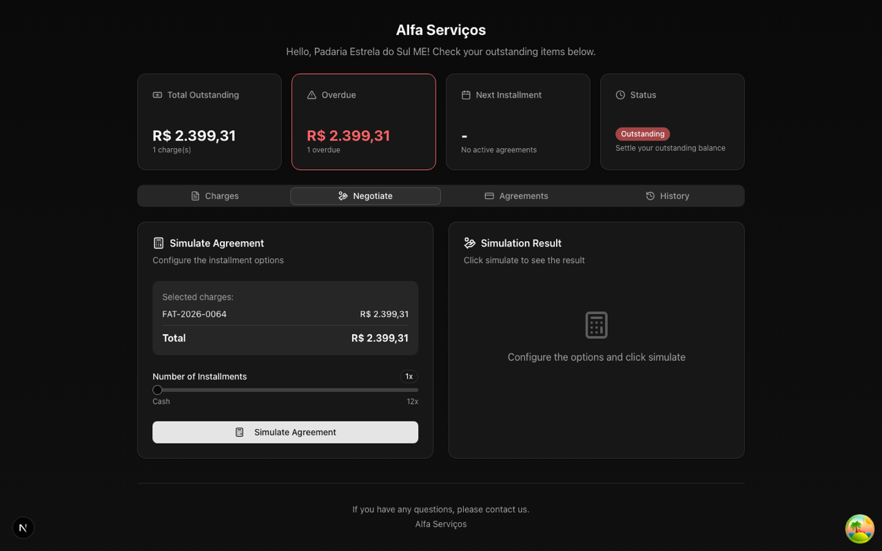 Agreement simulator in the debtor portal, locked to the creditor's active offer