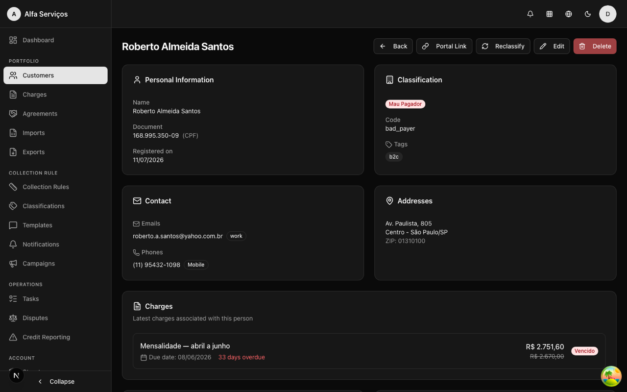 Detalle de la persona con línea de tiempo de interacciones, cobros y enlace del portal