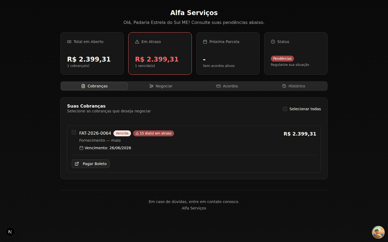 Portal do devedor com resumo de pendências e opções de negociação