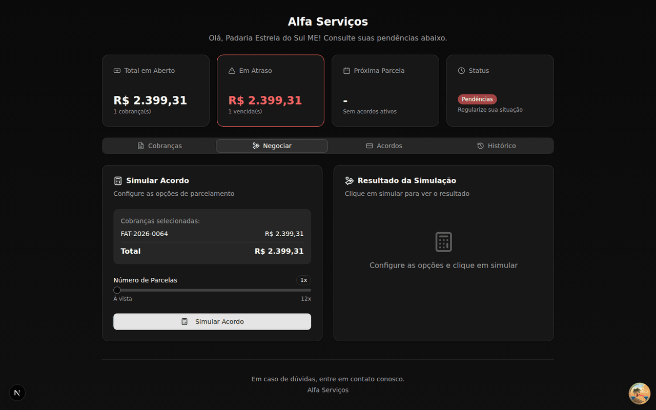 Simulador de acordo no portal do devedor, preso à oferta ativa do credor