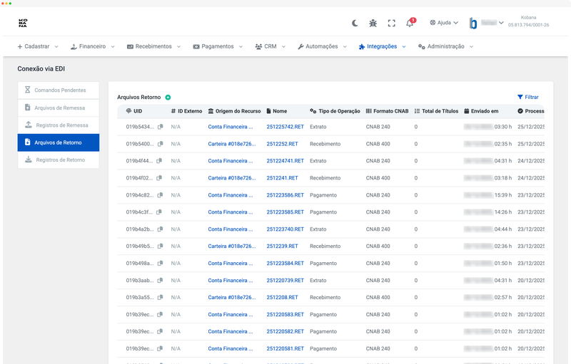 Listagem de arquivos CNAB de retorno