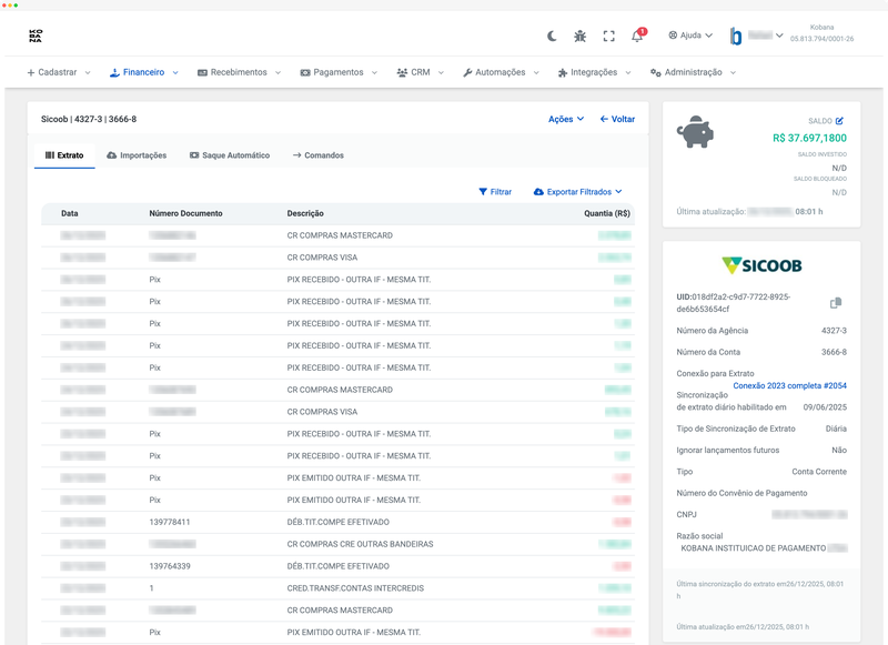 Extrato bancário com transações e saldo
