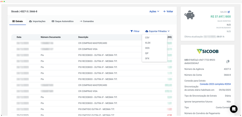 Modal de exportação de extrato