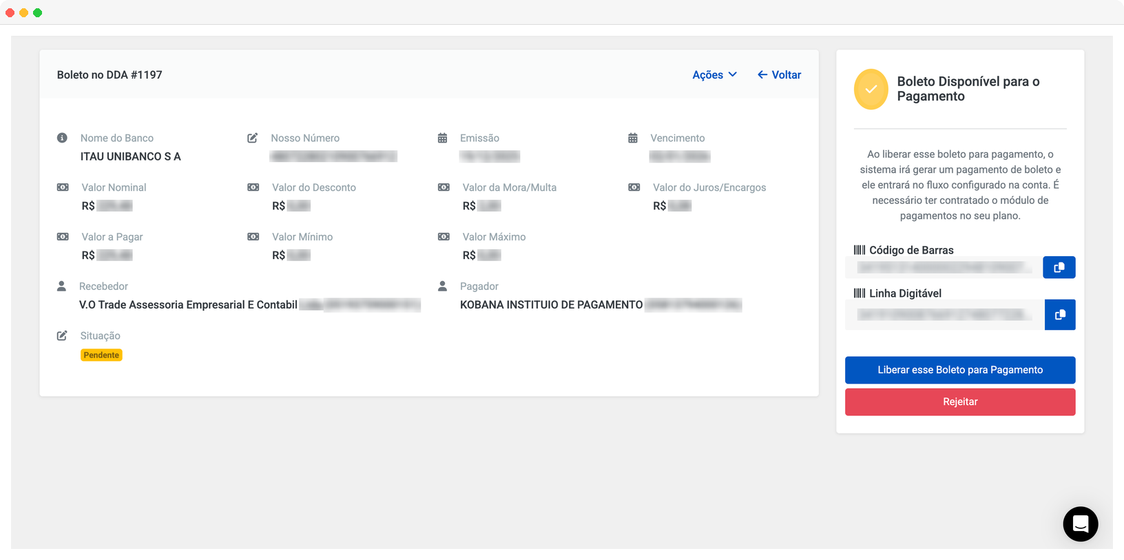Detalhe do boleto DDA na plataforma Kobana