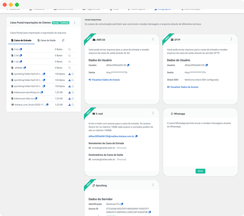 Canais de integração do Mailbox: AWS S3, SFTP, Email e WhatsApp
