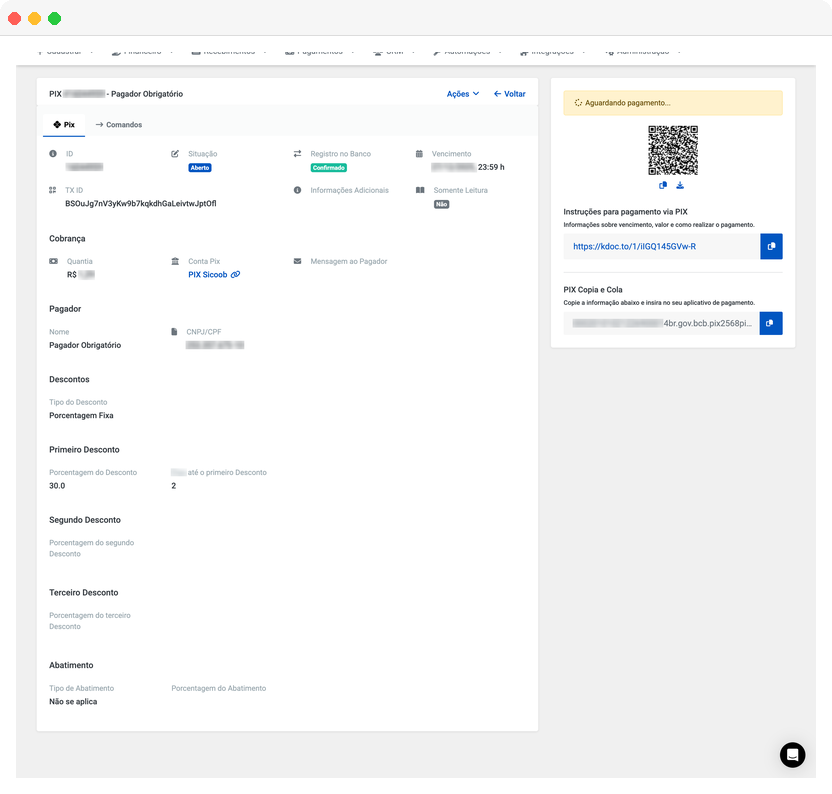 Kobana dashboard showing Automatic PIX charge management