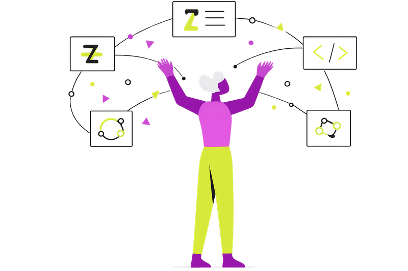 Ilustração de pessoa conectando múltiplas plataformas de automação
